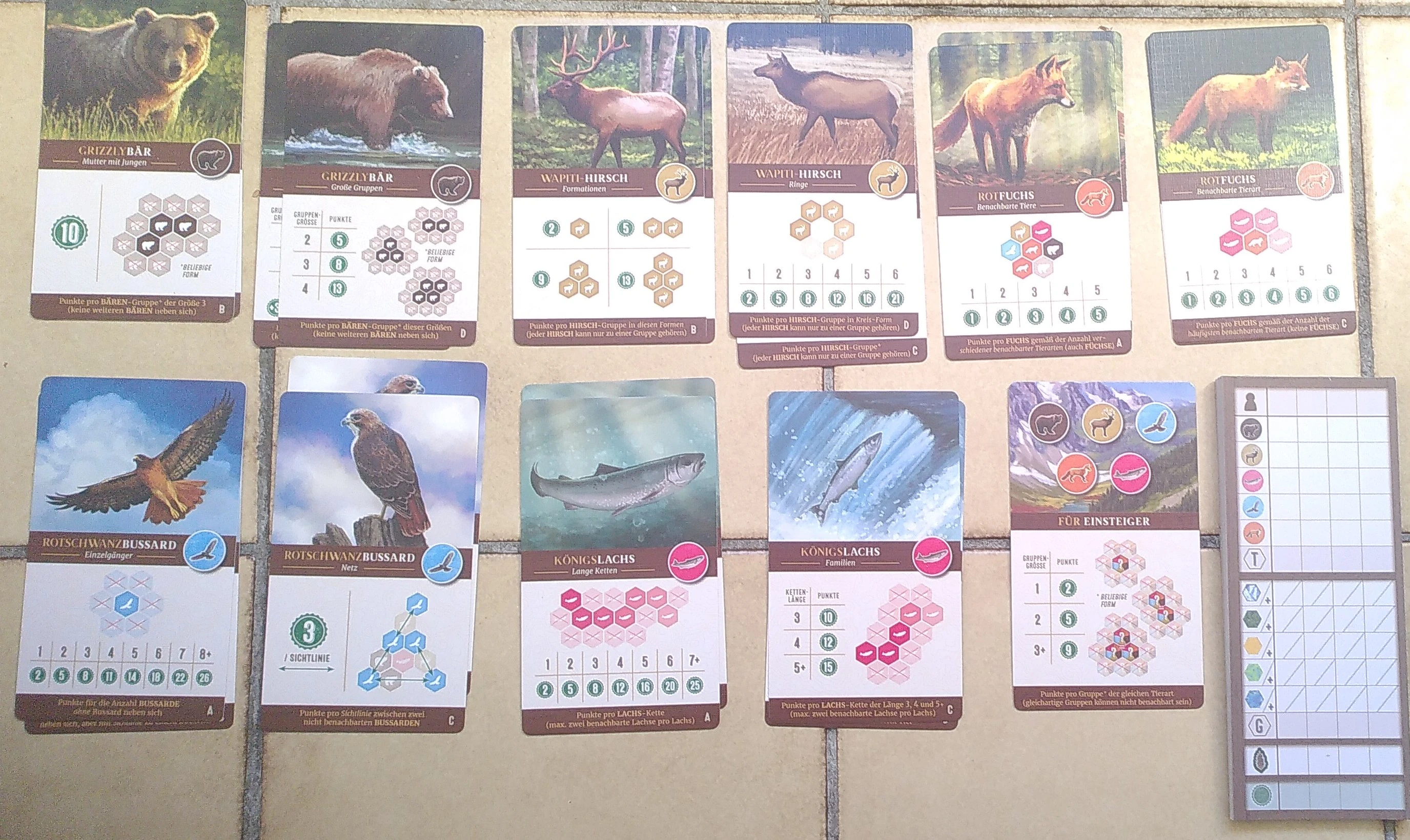 Tierkarten, Überischt und Spieleblock