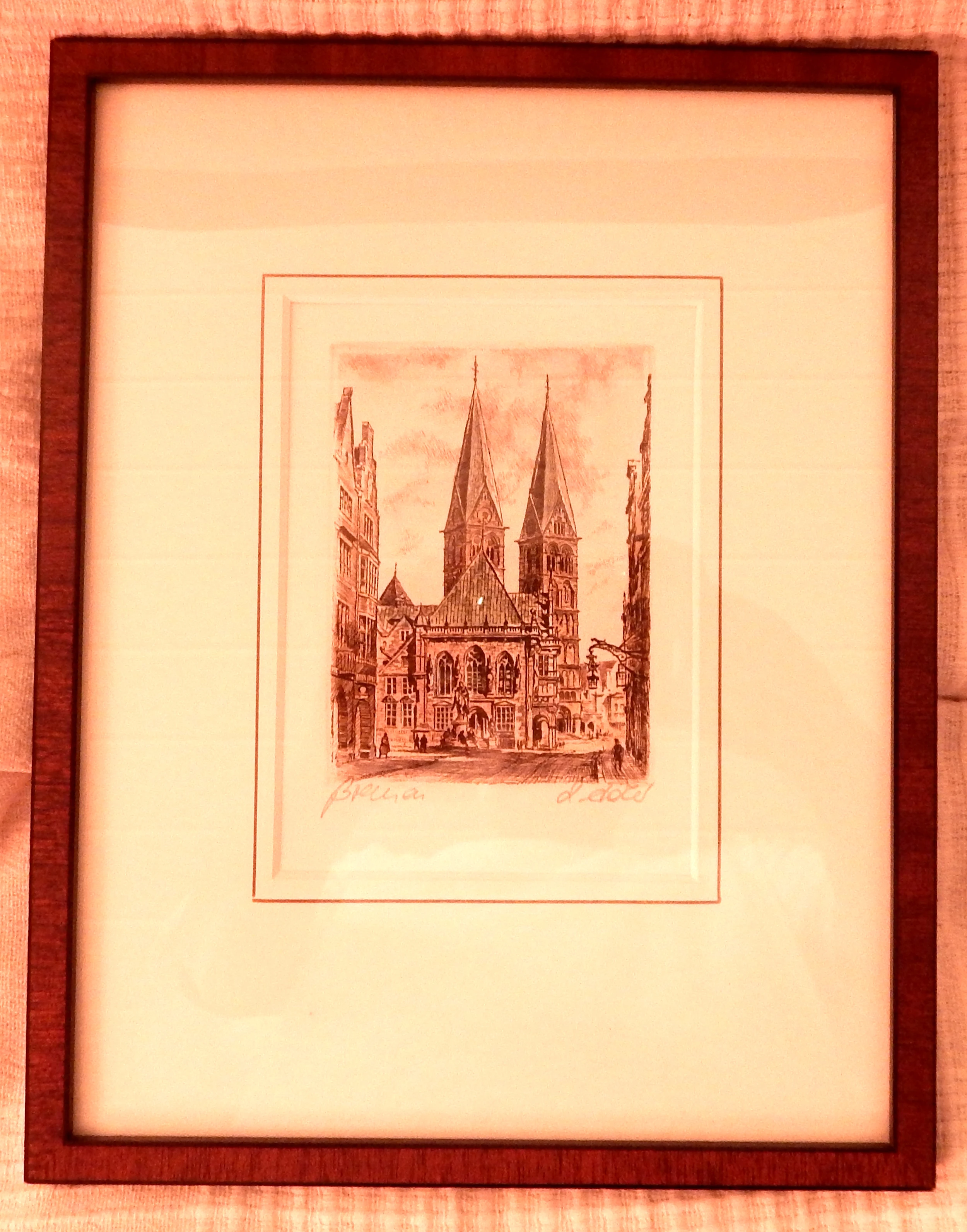 farbige Original Radierung des Bremer Doms