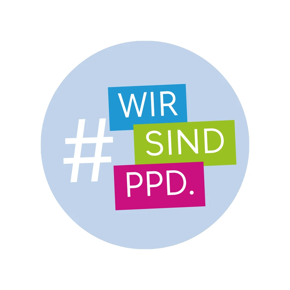 Rundes Firmenlogo mit # und Slogan: "Wir sind PPD"