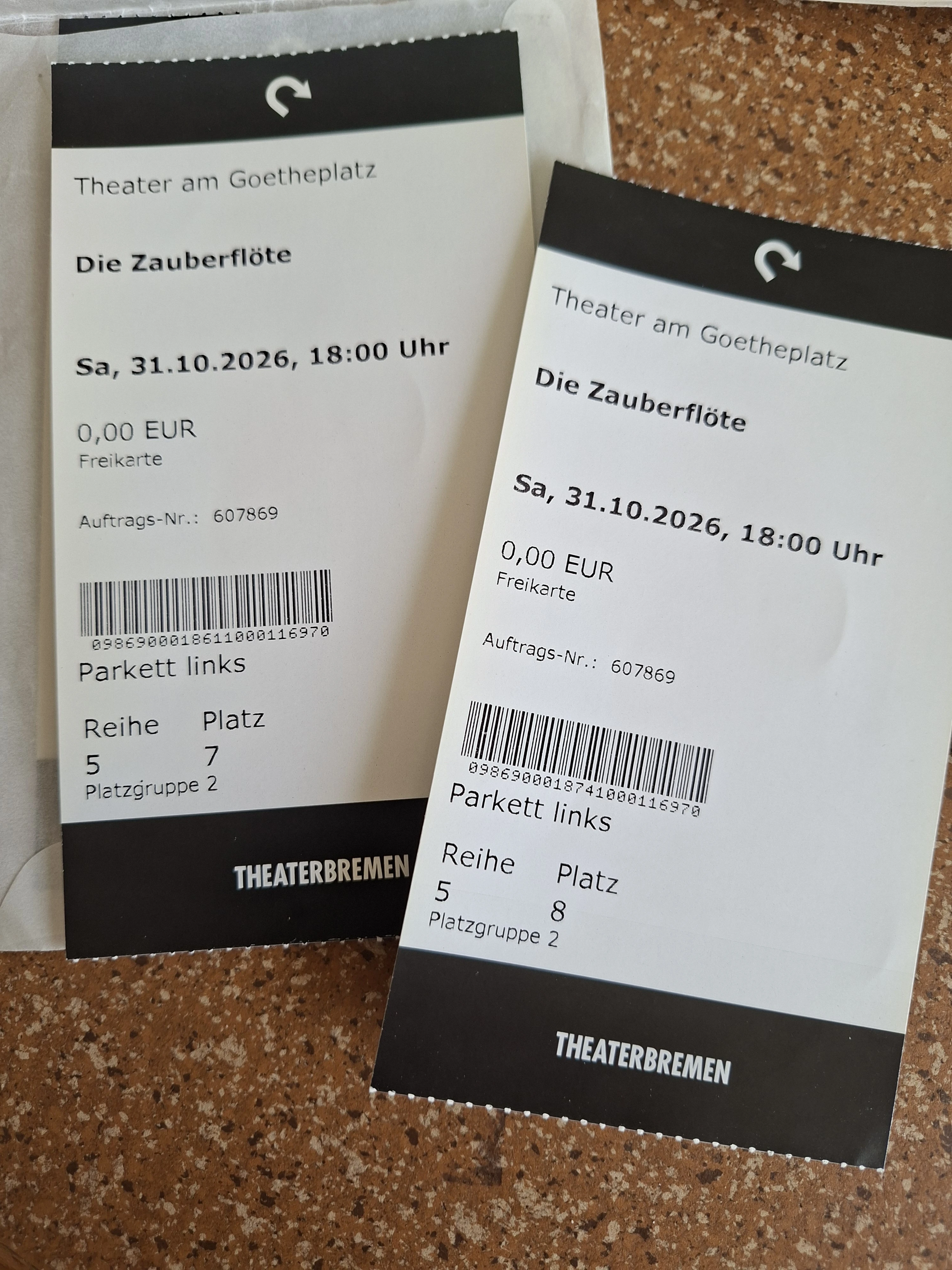 Zwei Karten auf besten Plätzen für die Zauberflöte.
