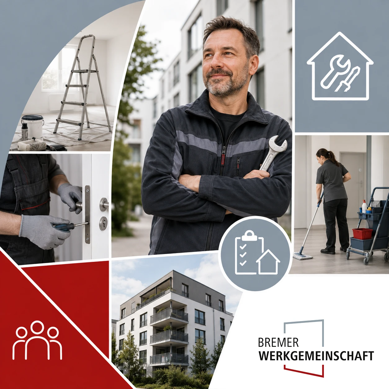 Collage mit einem Handwerker, Gebäuden sowie Szenen aus Reparatur, Reinigung und Planung. Symbole ergänzen die Themen Teamarbeit, Immobilien und Instandhaltung.