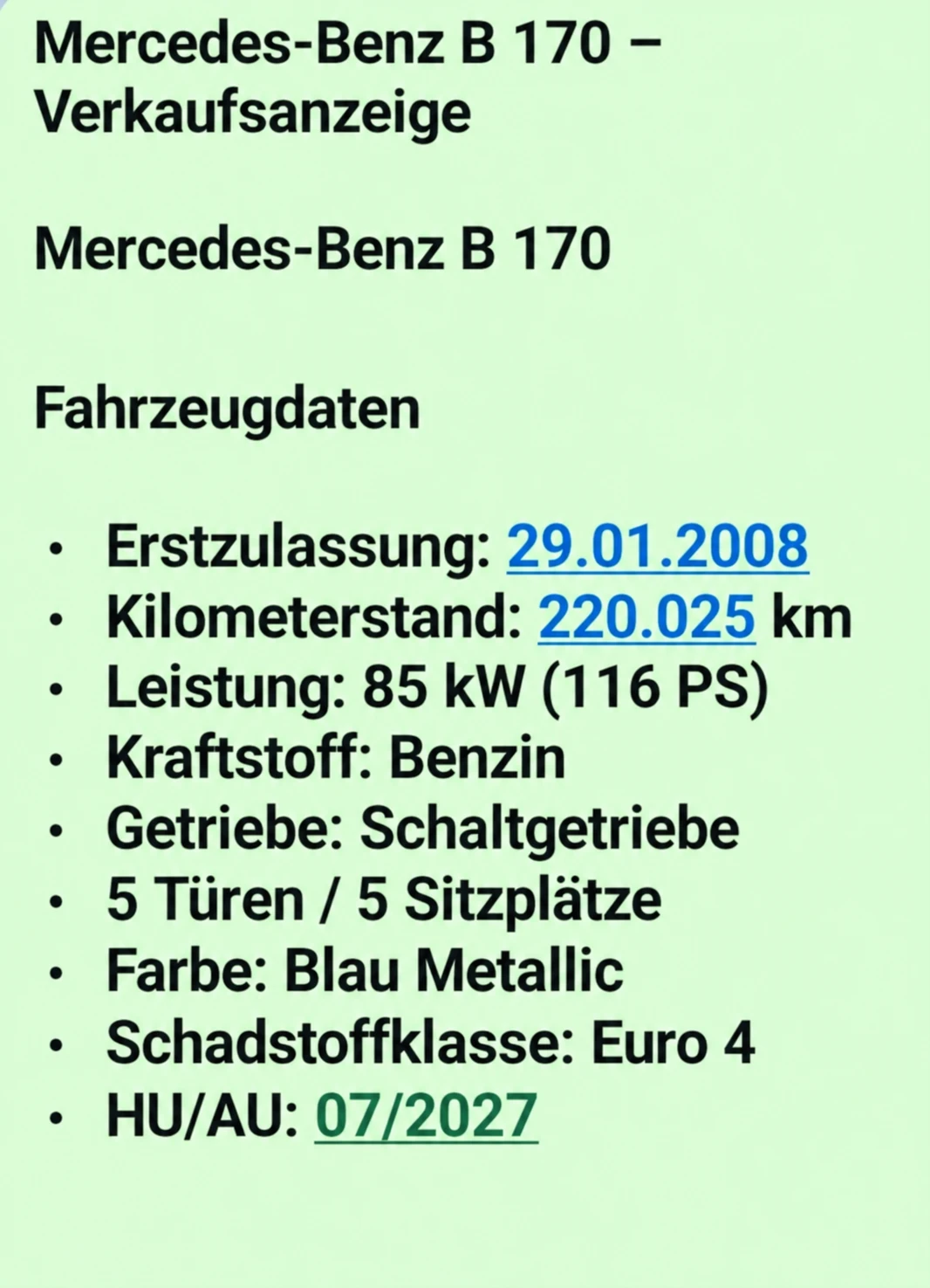 Fahrzeug Daten 
