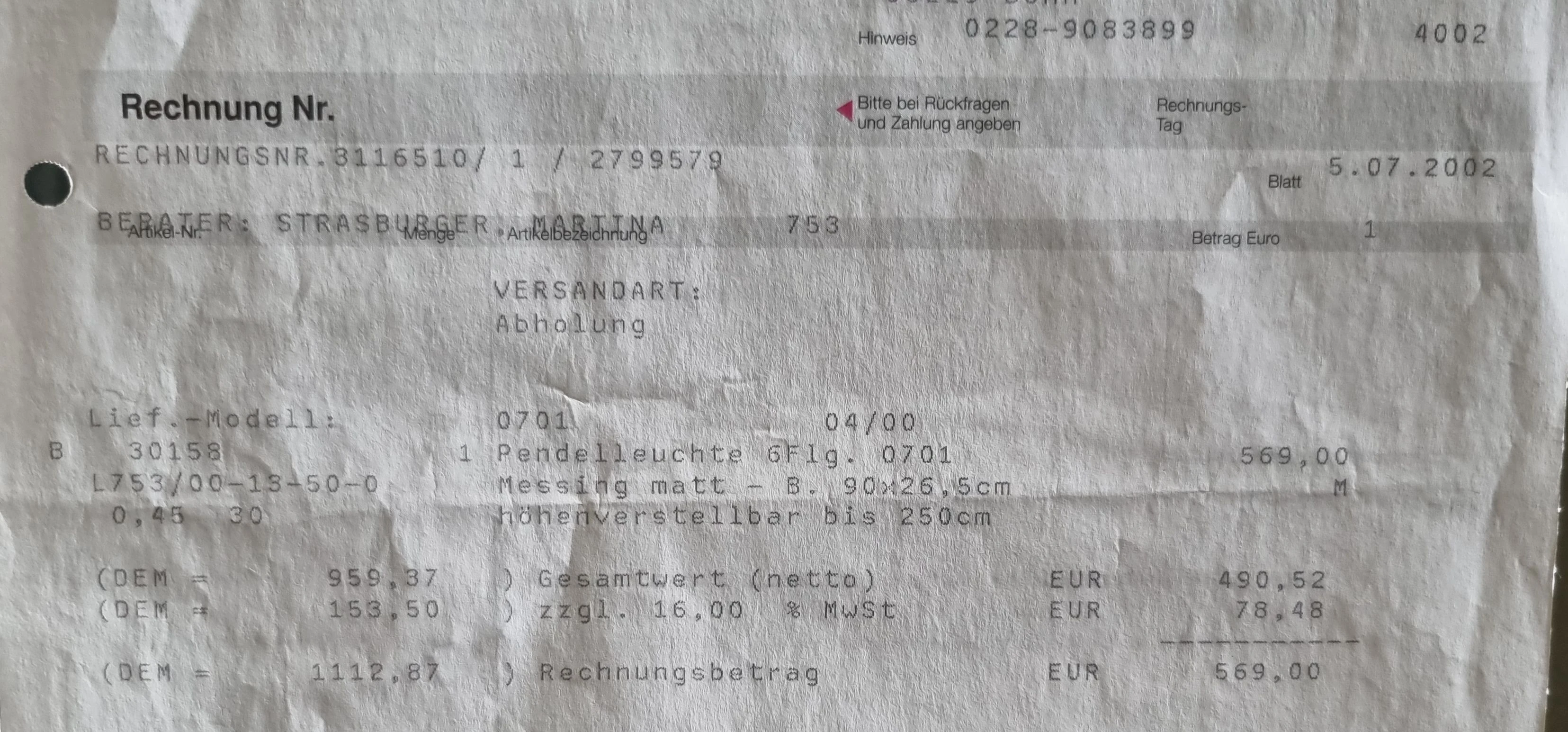 Originalrechnung (Auszug)