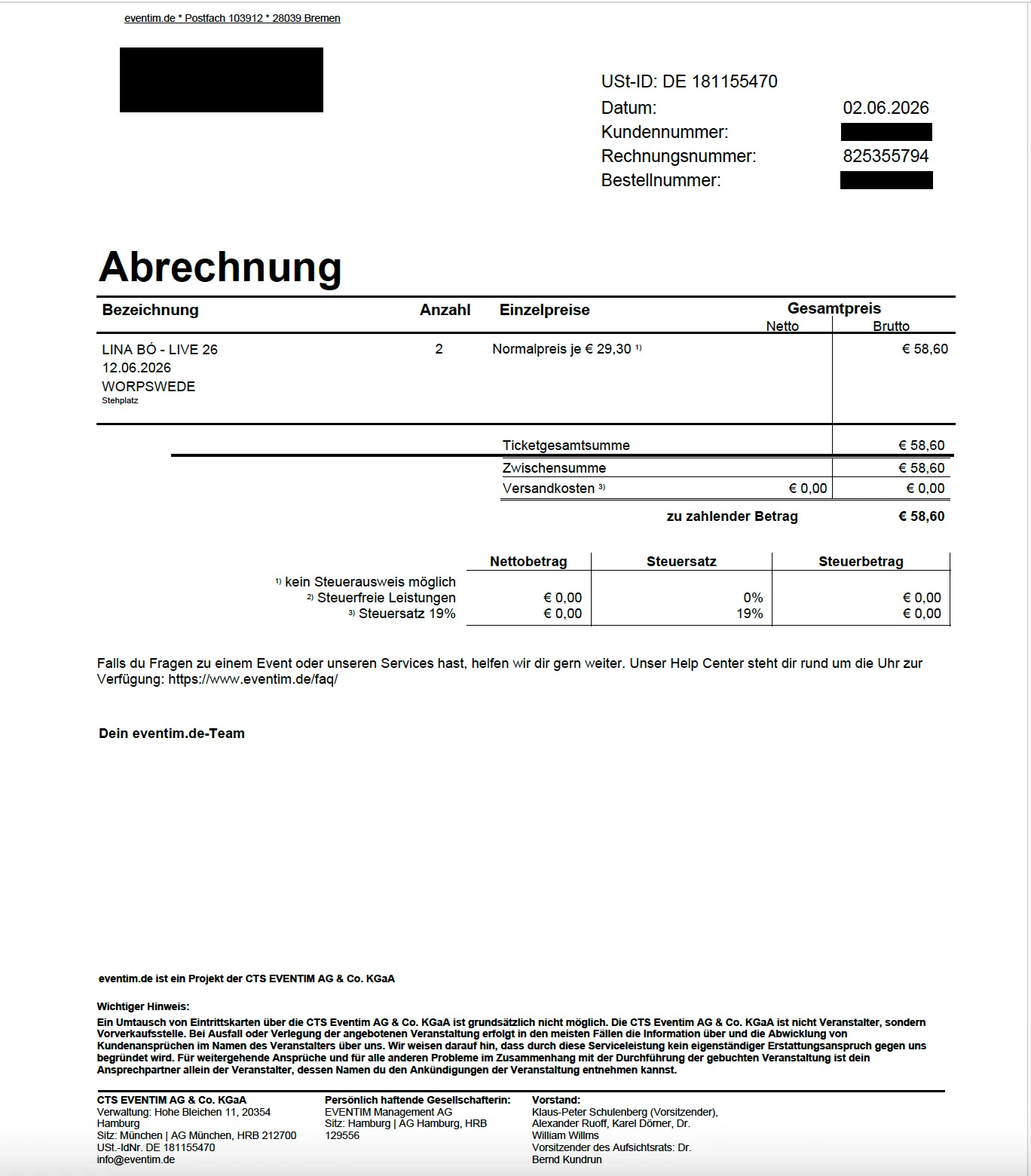 Rechnung der Tickets