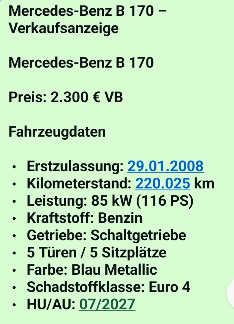 Fahrzeug Daten 
