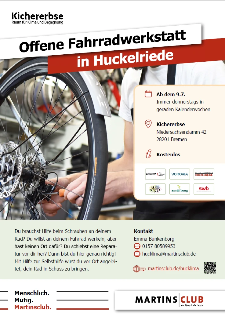 Im Vordergrund ist ein Fahrrad, dahinter sieht man sie Hände einer Person, die es repariert.