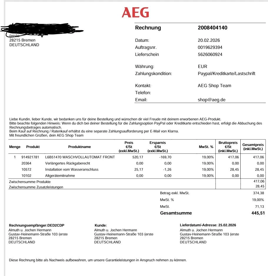 Rechnung vom 20.02.2026