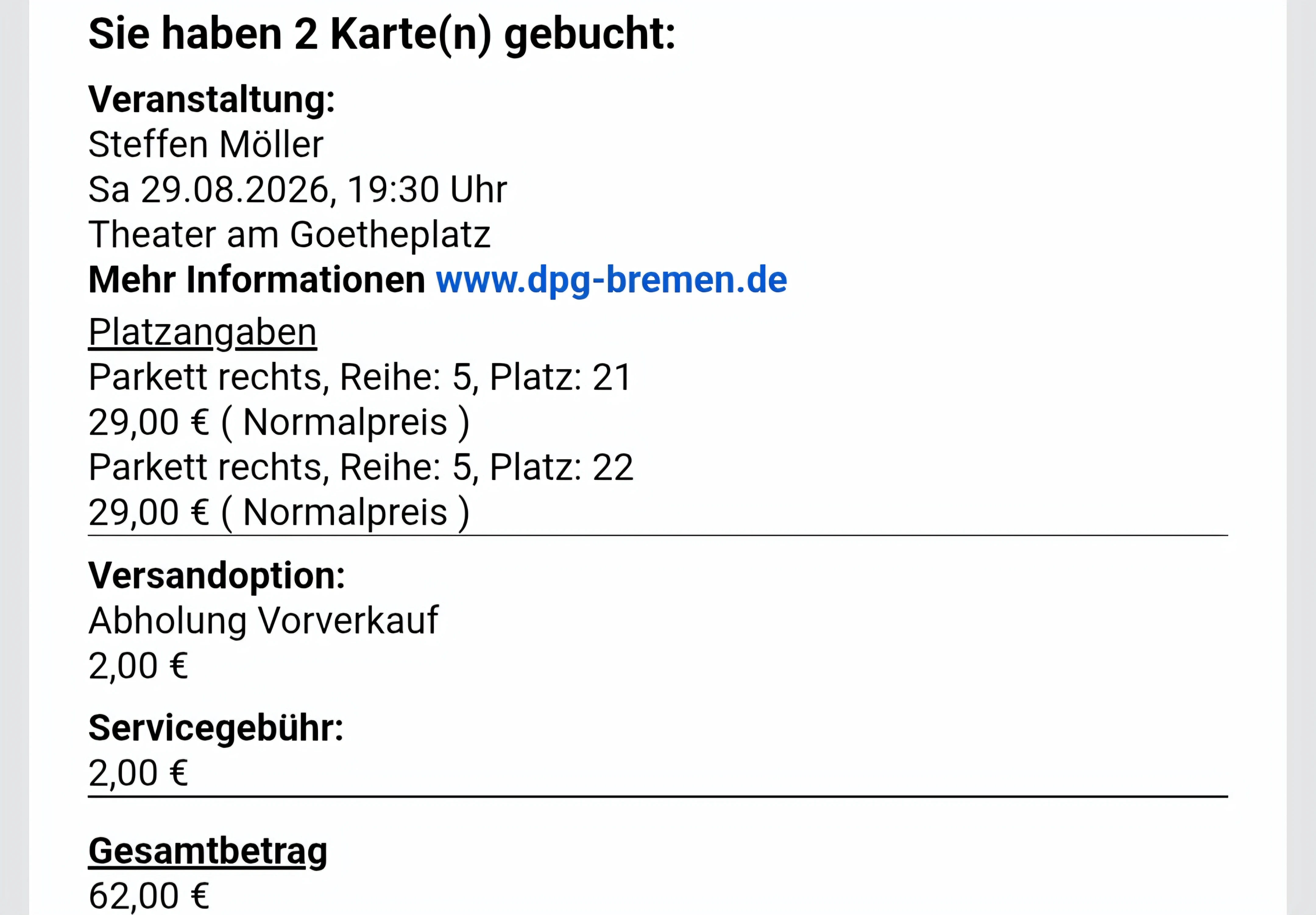 Online Buchung, übertragbar mit Buchungsnummer