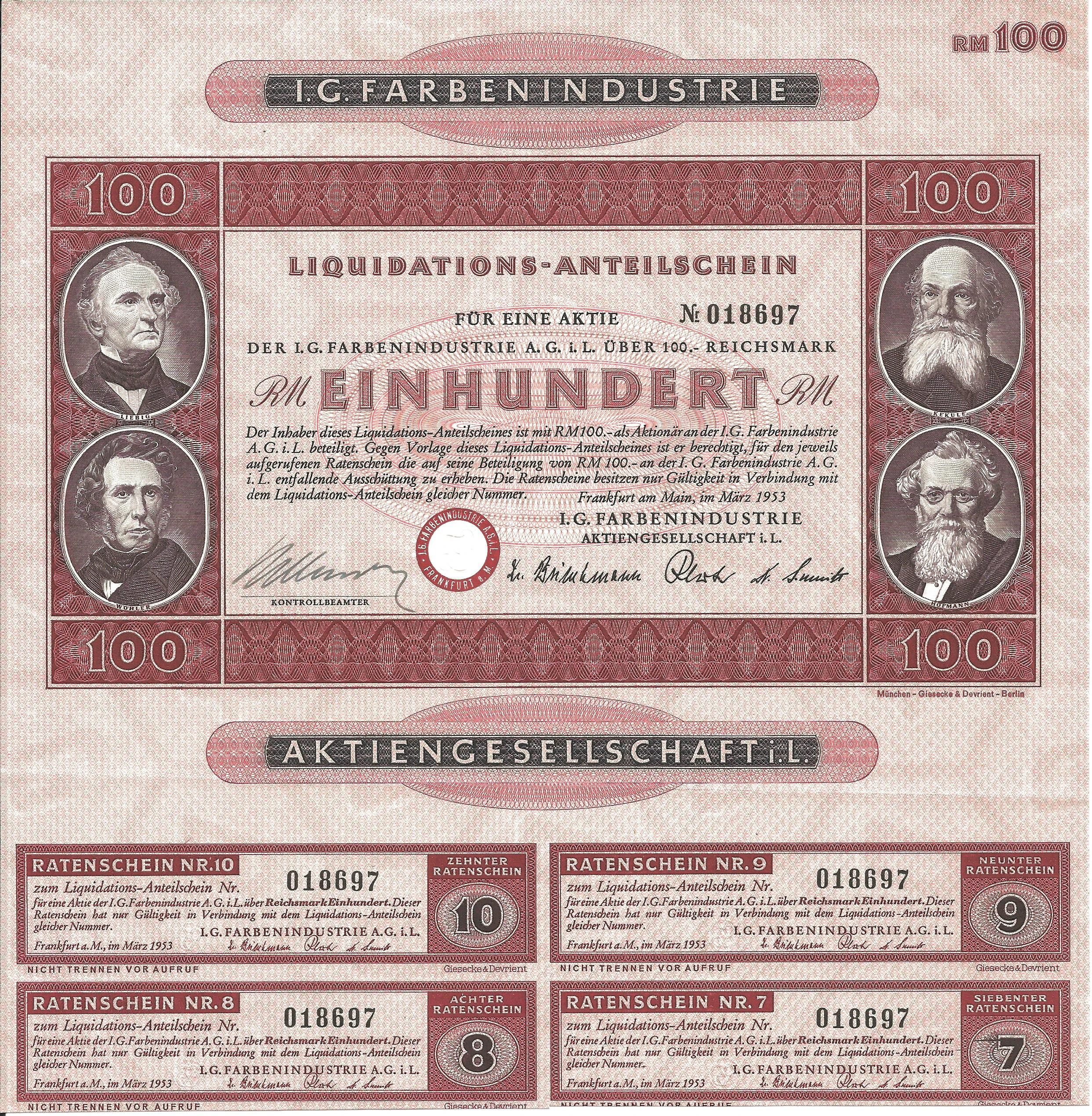 IG Farben Industrie Liquidators-Anteilschein 1953