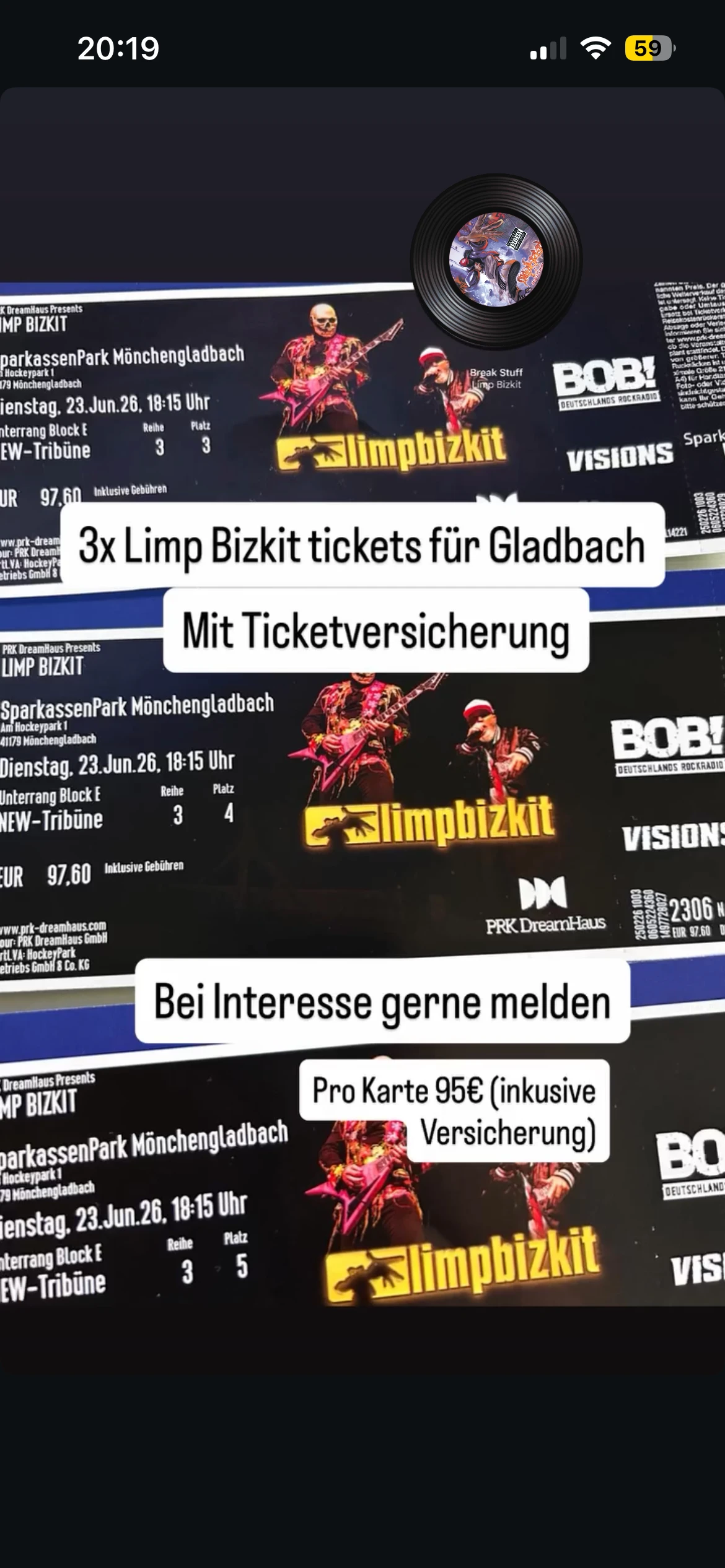 Sitzplatzkarten Reihe 3 Plötze 4 und 5