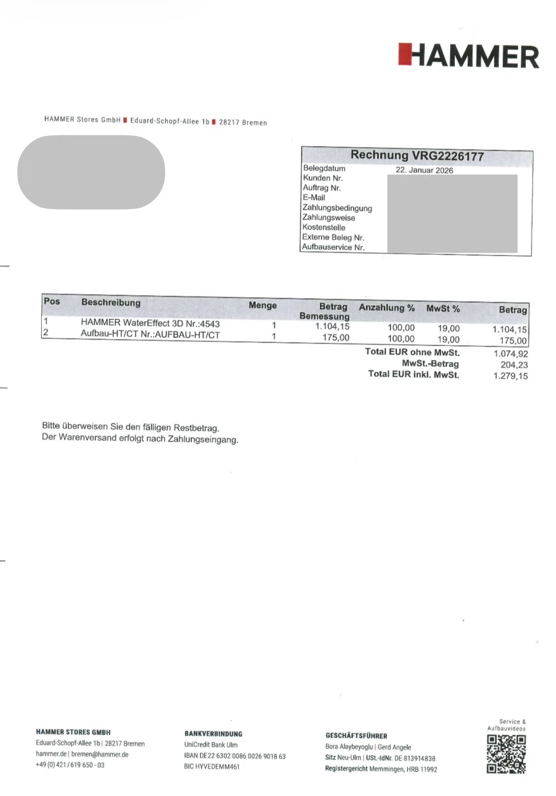 Originalrechnung aus Januar 2026