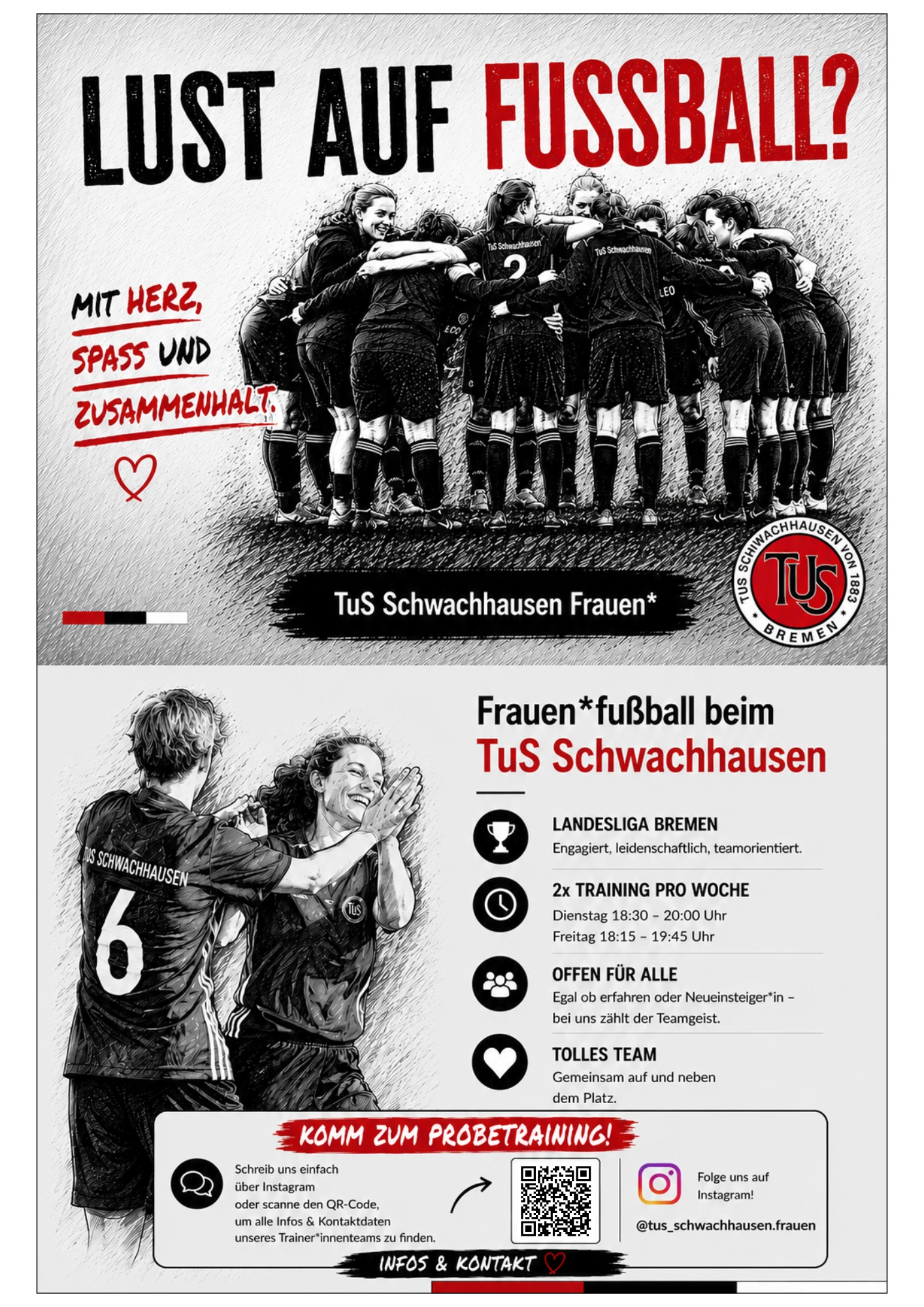 Komm zum TuS! Frauen*team sucht Verstärkung ab 16 Jahren für Fußball Mut Herz, Spaß und Zusammenhalt.