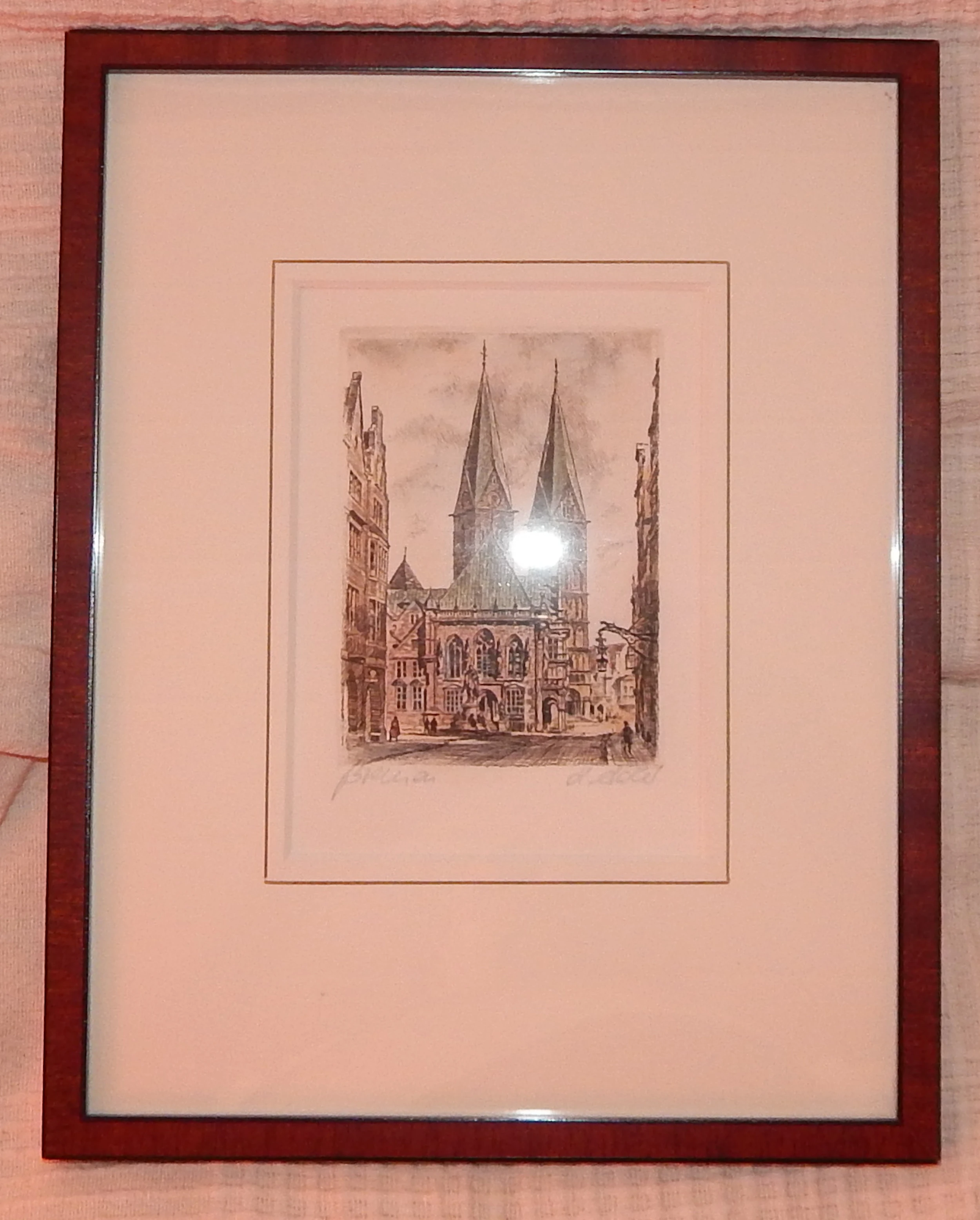 farbige Original Radierung des Bremer Doms
