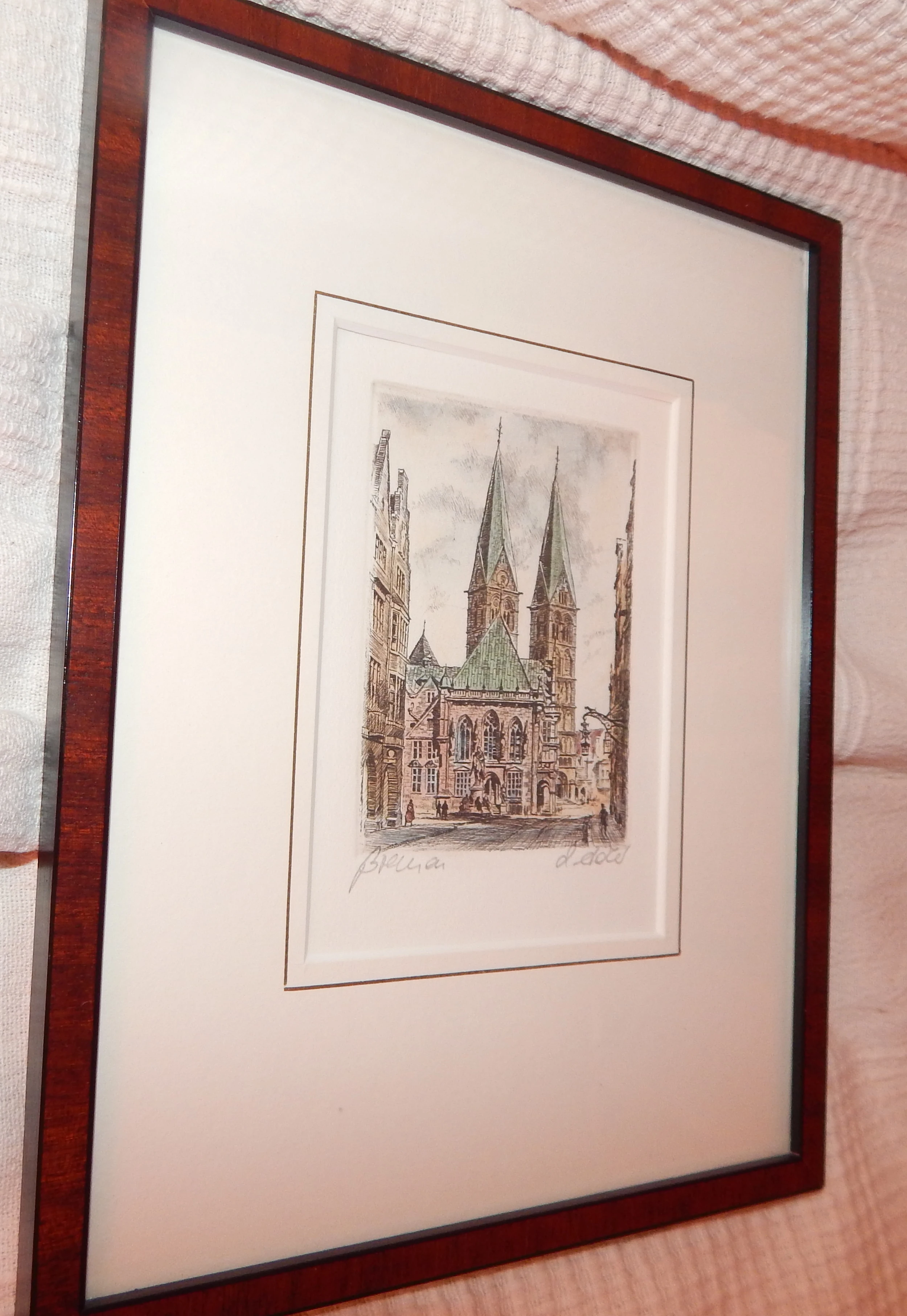 farbige Original Radierung des Bremer Doms