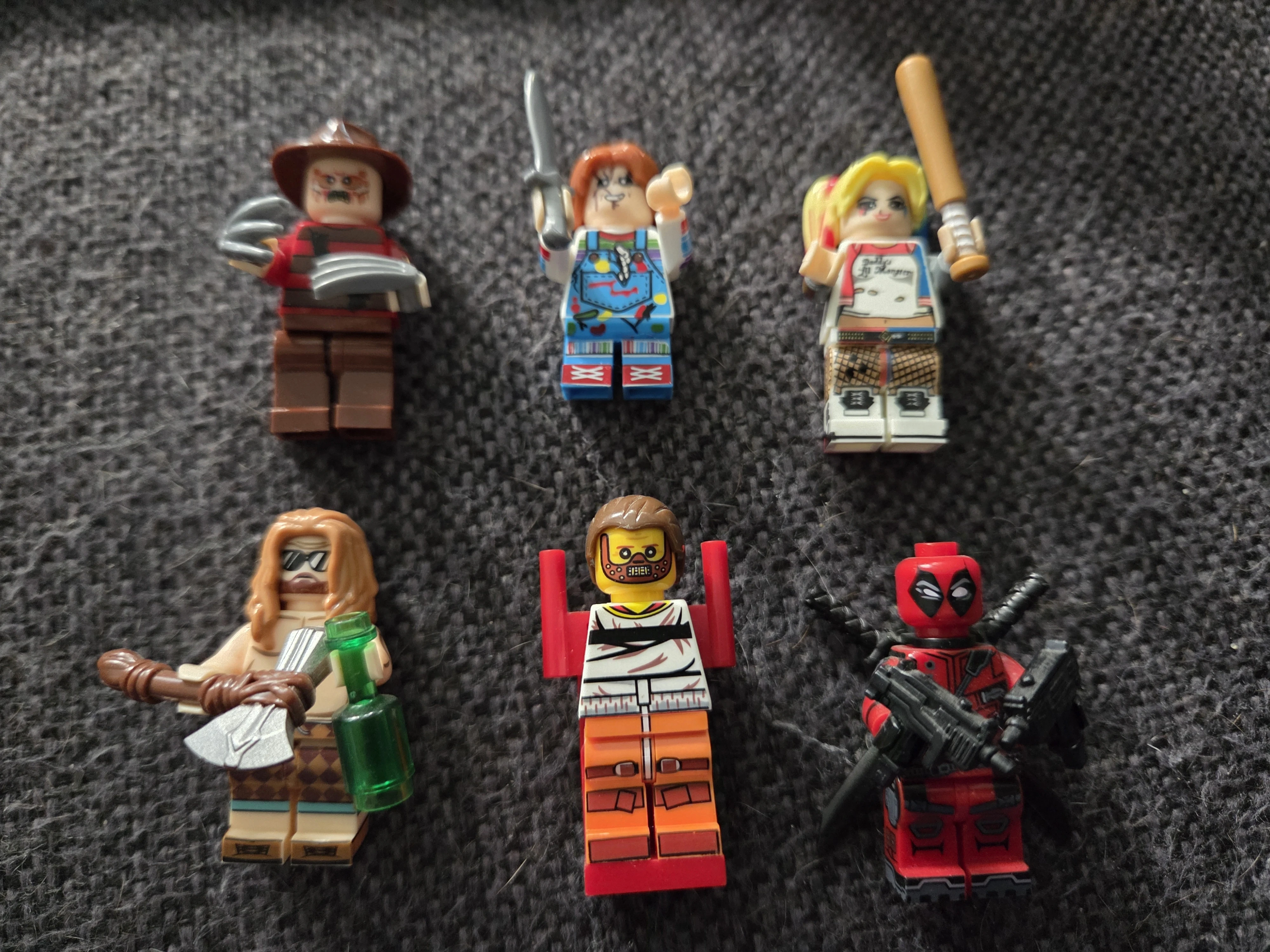 Freddy Kruger, Chucky, Harley Quinn,Thor, Hannibal Lecter,Deadpool