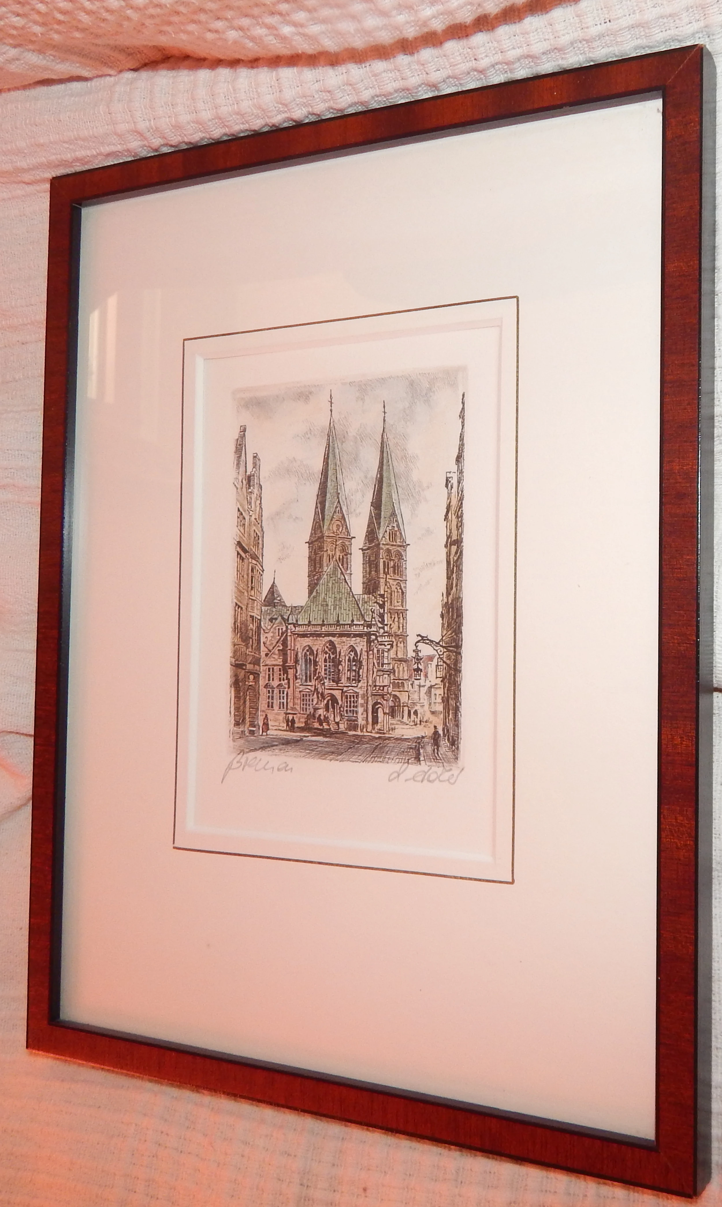 farbige Original Radierung des Bremer Doms