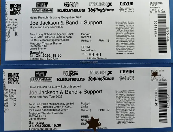 2 Tickets für Joe Jackson & Band