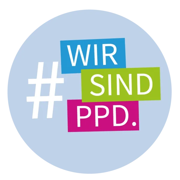 rundes Firmenlogo mit Slogan: "Wir sind PPD"